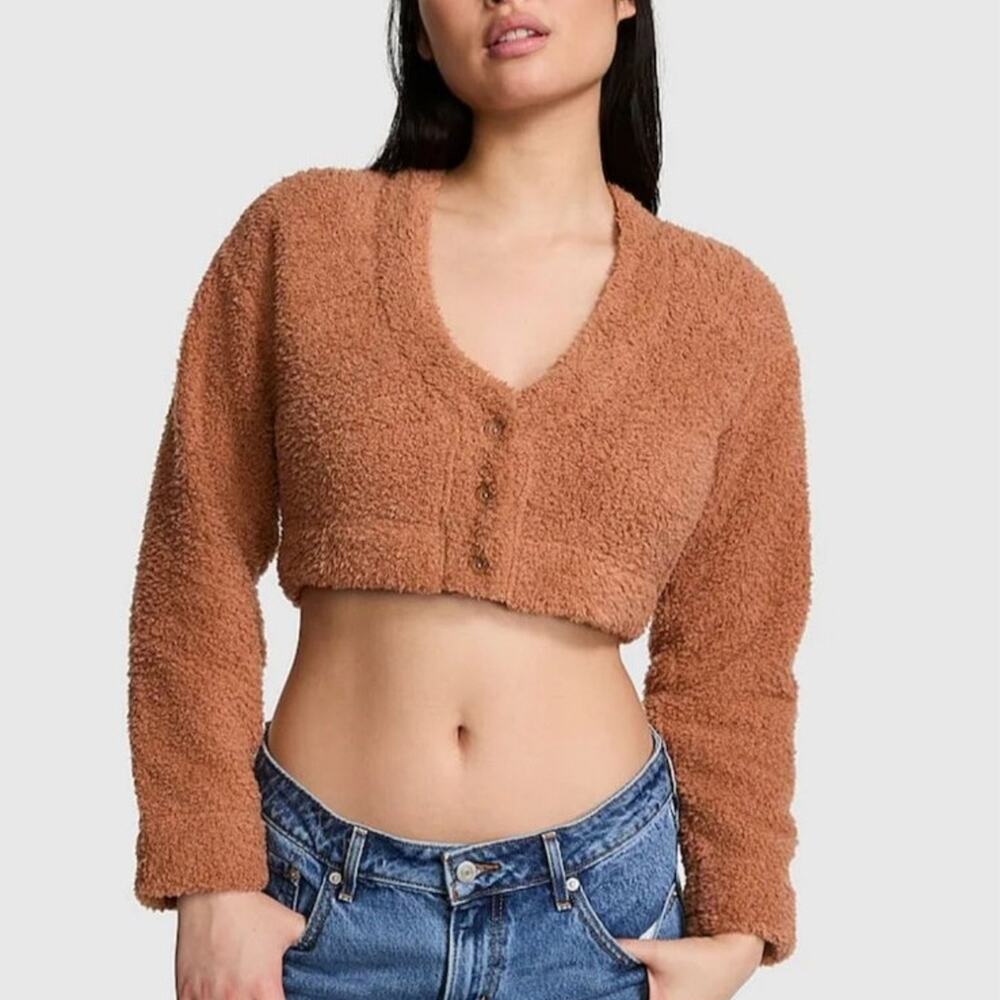 Victoria's Secret PINK Toffee Brown Cosy Knit Cropped Cardigan Top sz L NWT